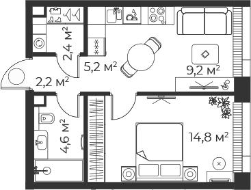 2-комн., 38.4 м², 21/35 этаж, ЖК «Веер»