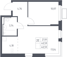 2-комн., 40.59 м², 10/12 этаж, ЖК «Новое Видное»