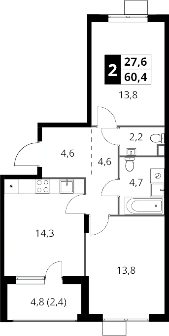 2-комн., 58 м², 8/17 этаж, ЖК «1-й Шереметьевский»