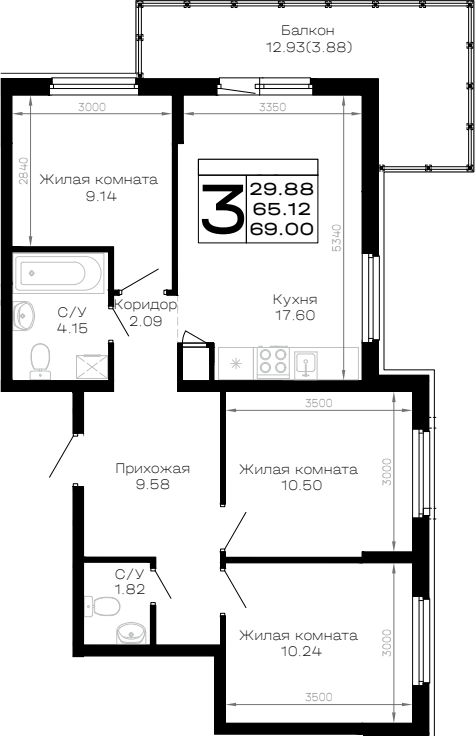 3-комн. квартира, 65.12 м² в ЖК Усадьба Гостагаевская — фото 2