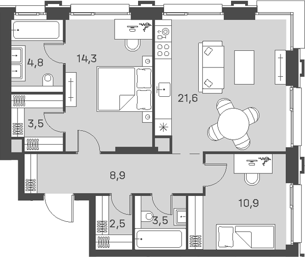3-комн., 70 м², 4/21 этаж, ЖК «Портленд»