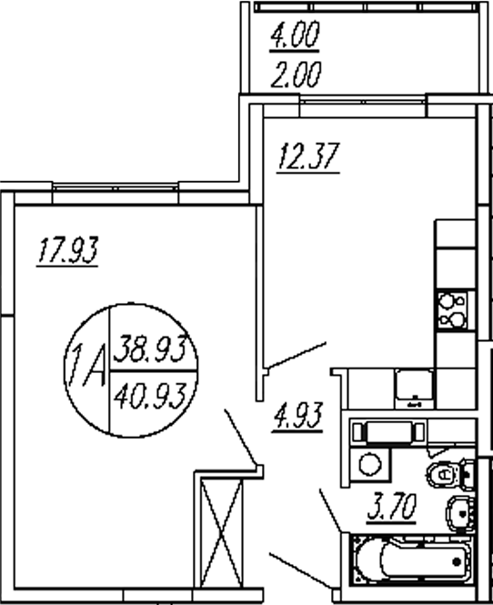 1-комн., 38.93 м², 1/4 этаж, ЖК «Шолохово»