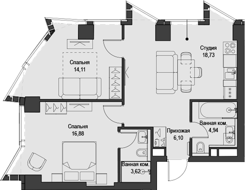 3-комн., 64.38 м², 14/58 этаж, ЖК «Феймос»