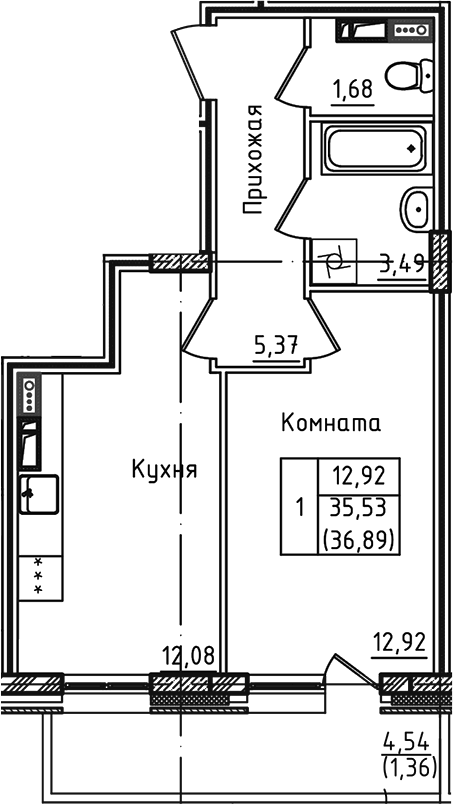 1-комн., 35.53 м², 5/5 этаж, ЖК «Зеленый город»
