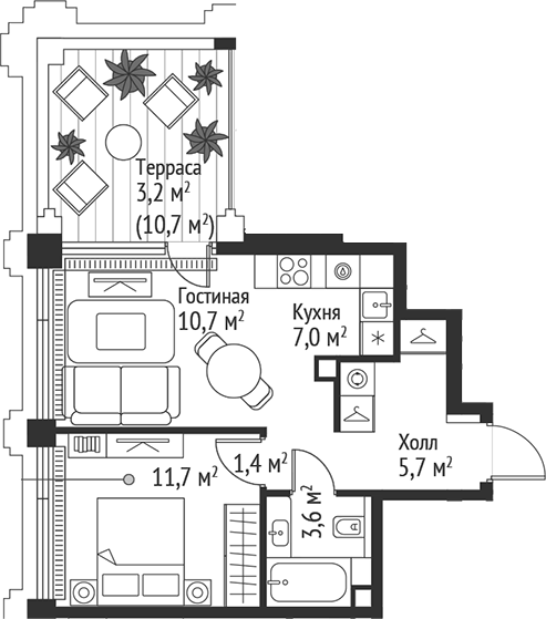 2-комн., 40.1 м², 35/45 этаж, ЖК «СЕТ»