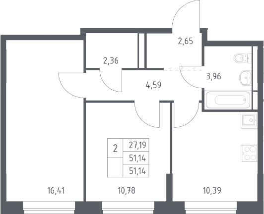 2-комн., 51.14 м², 7/12 этаж, ЖК «Богдановский лес»