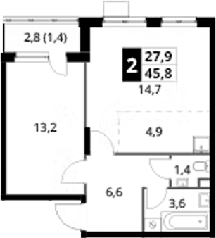 2-комн., 44.4 м², 21/24 этаж, ЖК «1-й Донской»