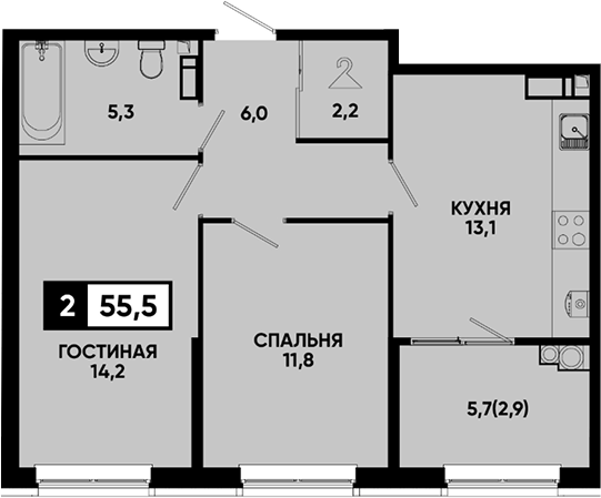 2-комн., 52.6 м², 13/14 этаж, ЖК «Квартал на курорте Моя Легенда»