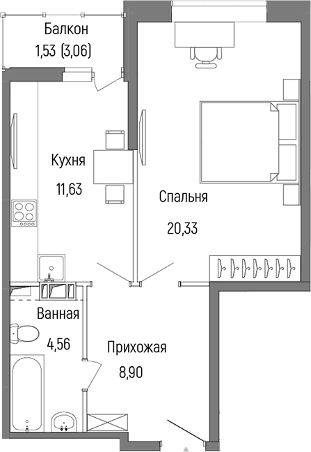 1-комн., 45.42 м², 4/9 этаж, ЖК «Рига Хиллс»