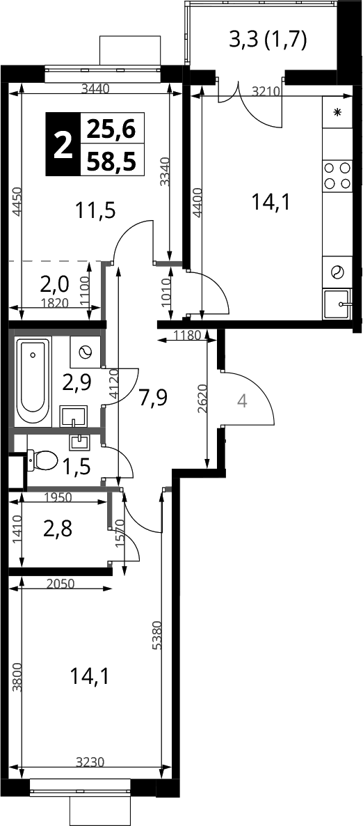 2-комн., 56.8 м², 11/13 этаж, ЖК «1-й Химкинский»