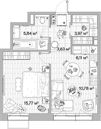 2-комн., 46.1 м², 8/12 этаж, ЖК «МЫС»