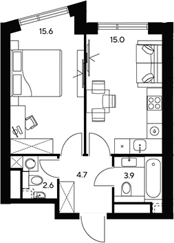 1-комн., 41.8 м², 27/46 этаж, ЖК «НЕКСУС от Аквилон»