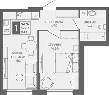 1-комн. квартира, 42.7 м² в ЖК Иначе в Молодежном — фото 2