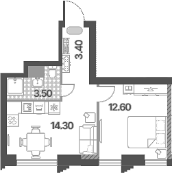 2-комн., 33.8 м², 25/58 этаж, ЖК «Обручева 30»