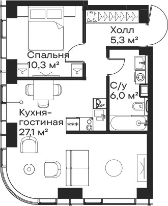 2-комн., 48.7 м², 25/59 этаж, ЖК «Сити Бэй»