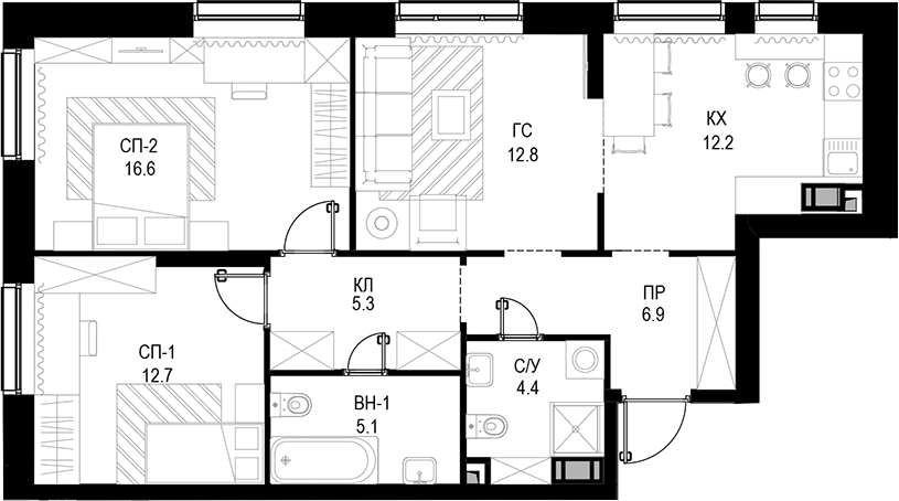 3-комн., 76 м², 18/28 этаж, ЖК «Трилогия «Кристалл»»