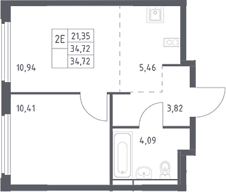 2-комн., 34.72 м², 15/17 этаж, ЖК «Космический Квартал»