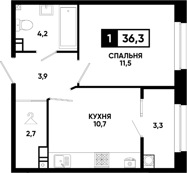 1-комн., 33 м², 8/8 этаж, ЖК «Кварталы 17/77»
