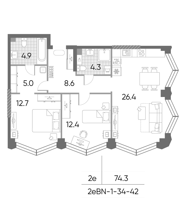 3-комн., 74.3 м², 35/43 этаж, ЖК «ЗилАрт»