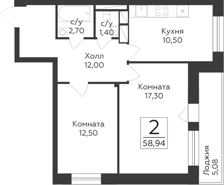 2-комн., 56.4 м², 9/17 этаж, ЖК «Малаховский»