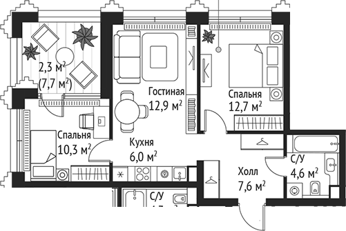 3-комн., 54.1 м², 35/59 этаж, ЖК «СЕТ»