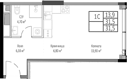 Студия, 31.5 м², 21/35 этаж, ЖК «Мираполис»