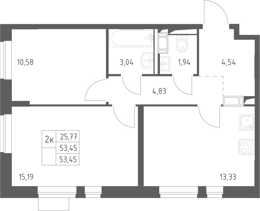 2-комн., 53.45 м², 9/12 этаж, ЖК «Пятницкие Луга»