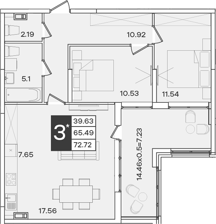 3-комн., 65.49 м², 5/9 этаж, ЖК «Сюжеты»