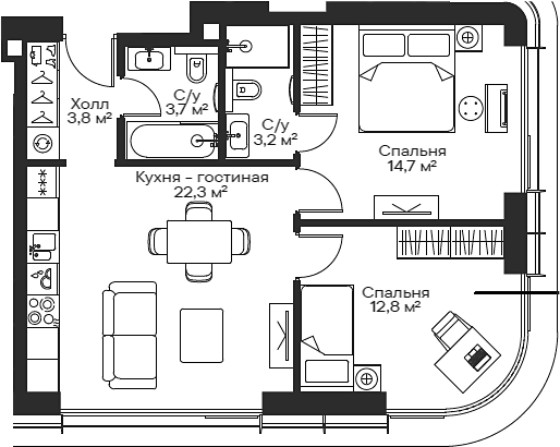 3-комн., 59.37 м², 14/54 этаж, ЖК «Сити Бэй»
