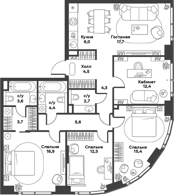 4+ комнаты, 109.5 м², 37/39 этаж, ЖК «АЛИА»