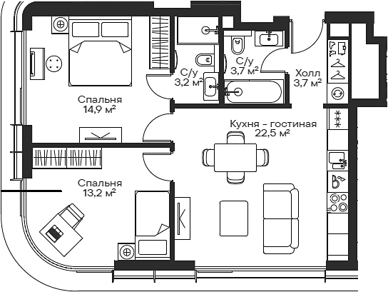 3-комн., 59.95 м², 46/54 этаж, ЖК «Сити Бэй»