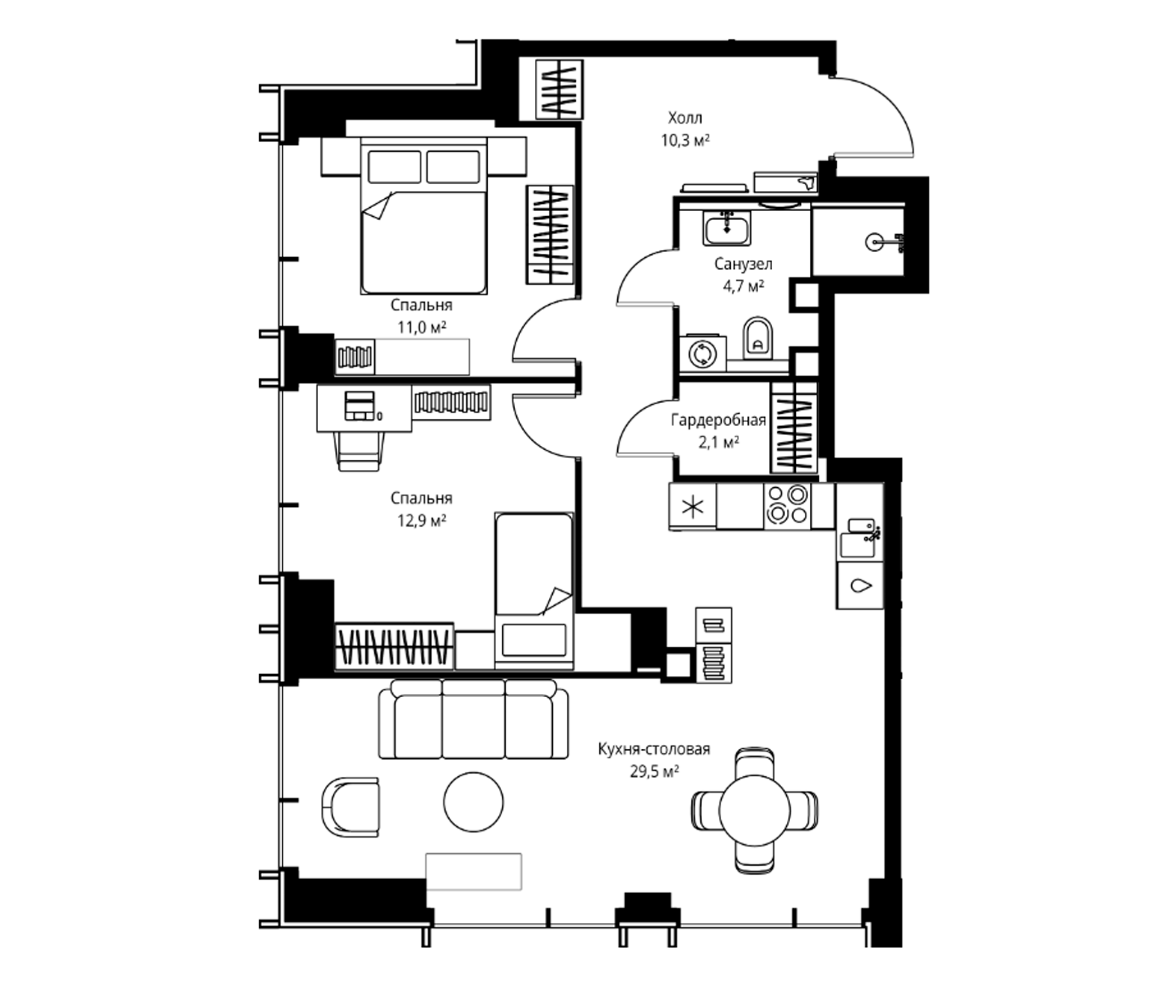 3-комн., 70.5 м², 39/59 этаж, ЖК «Веер»