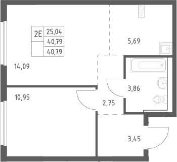 2-комн., 40.79 м², 5/17 этаж, ЖК «Пригород Лесное»