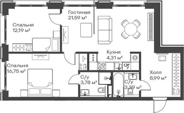 3-комн., 71 м², 11/15 этаж, ЖК «Сити Бэй»