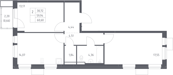2-комн., 59.94 м², 16/17 этаж, ЖК «Квартал Авиаторов»