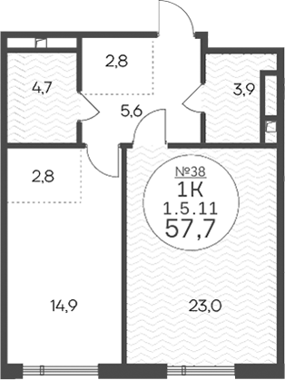 1-комн., 57.7 м², 5/14 этаж, ЖК «Клубный квартал КРЫЛАТСКАЯ 33»