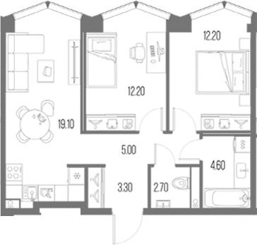 2-комн., 59.1 м², 33/34 этаж, ЖК «Северный Порт»