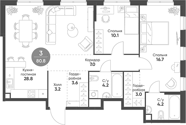 3-комн., 80.8 м², 2/22 этаж, ЖК «Соколинн Парк»