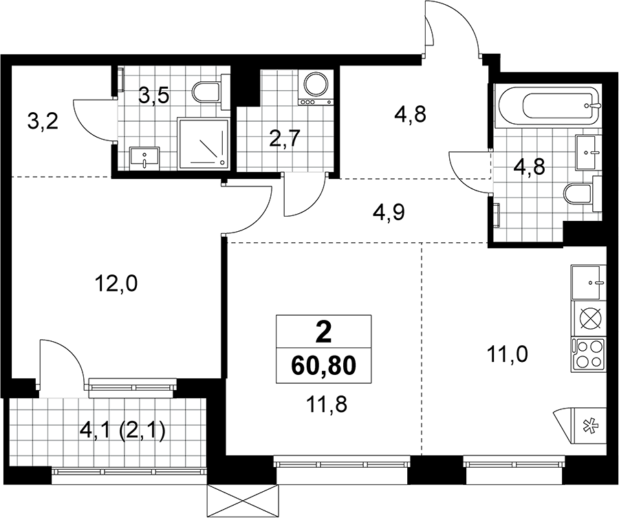 2-комн., 58.7 м², 7/8 этаж, ЖК «Дзен-кварталы»