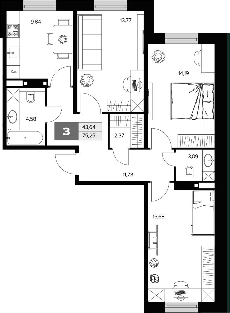3-комн., 75.25 м², 1/9 этаж, ЖК «Ласточкино»