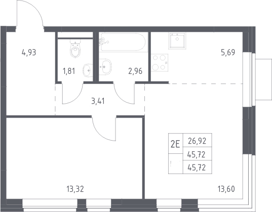 2-комн., 45.72 м², 11/12 этаж, ЖК «Новое Видное»