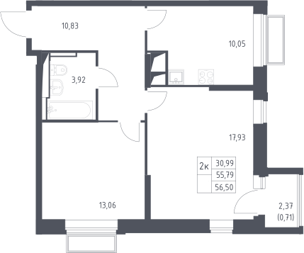 2-комн., 55.79 м², 4/24 этаж, ЖК «Долина Яузы»