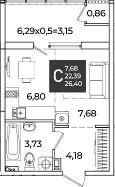 Студия, 22.39 м², 4/18 этаж, ЖК «Образцово»