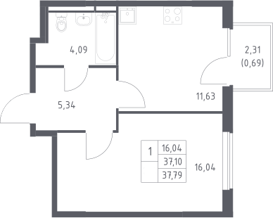 1-комн., 37.1 м², 13/17 этаж, ЖК «Мытищи Парк»