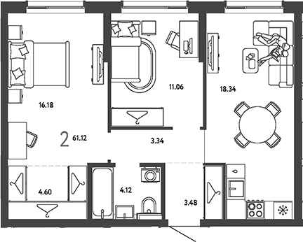 2-комн., 61.12 м², 10/18 этаж, ЖК «Страна.Парковая»
