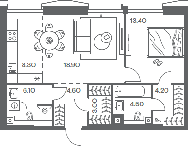 2-комн., 63 м², 30/35 этаж, ЖК «Инджой»
