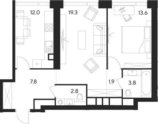 2-комн., 61.2 м², 48/55 этаж, ЖК «Инди Тауэрз от Аквилон»