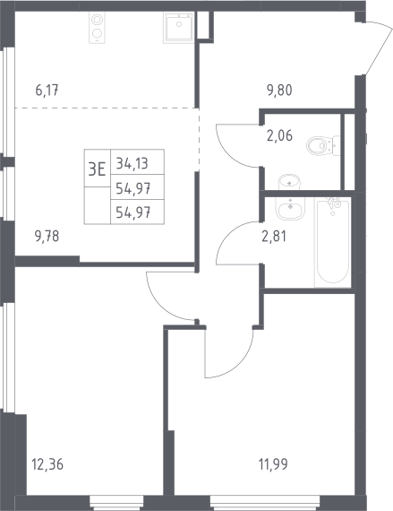 3-комн., 54.97 м², 11/14 этаж, ЖК «Остафьево»