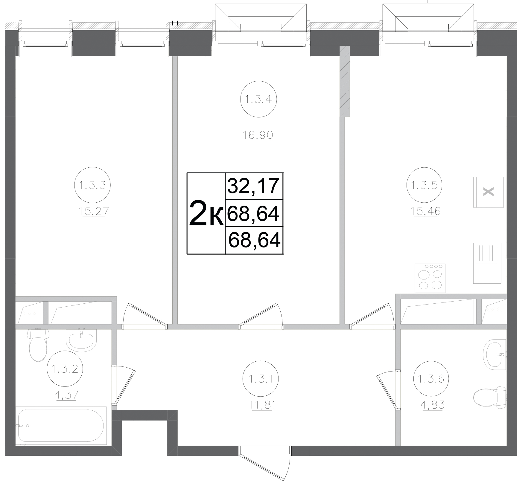 2-комн., 68.64 м², 11/15 этаж, ЖК «Авиатор-2»