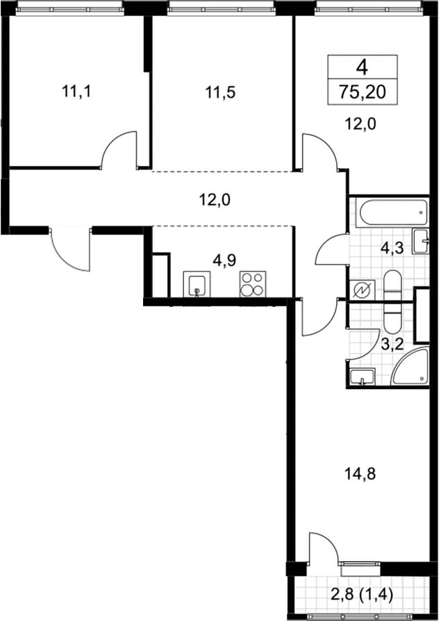 4+ комнаты, 73.8 м², 9/9 этаж, ЖК «Родные кварталы»